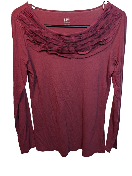 J. Jill Tops - J Jill Burgundy 100% Silk Tiers Ruffle Long Sleeve Top Blouse Size Small